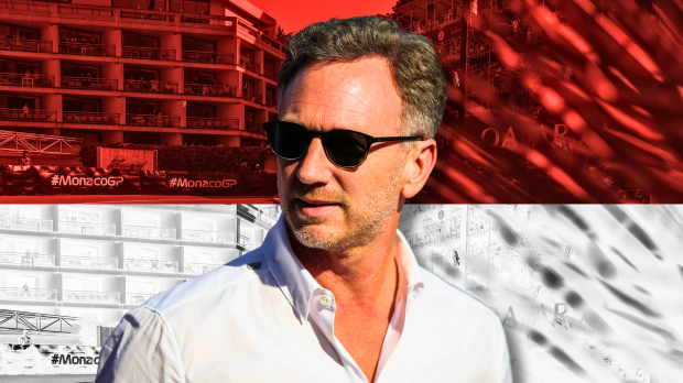 Horner in black shades and white shirt with Monaco background with red and white flag overlay — Photo: © IMAGO