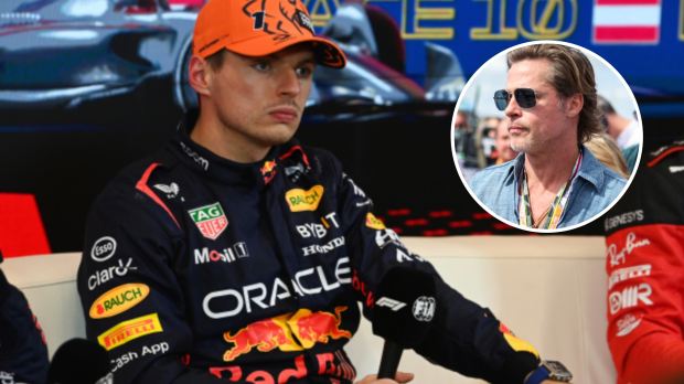 Max Verstappen and Brad Pitt (inset)