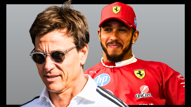 Toto Wolff is pictured in front of a smiling Lewis Hamilton in a picture composite