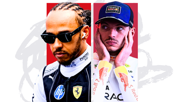 An edit of Lewis Hamilton and Max Verstappen both looking annoyed — Photo: © IMAGO