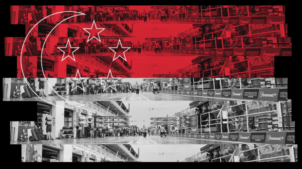 Graphic of the Singapore flag with an F1 garage overlay — Foto: © IMAGO