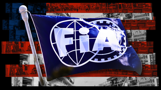 Vegas-themed background with playing cards and the US flag with the FIA flag logo edited on top
