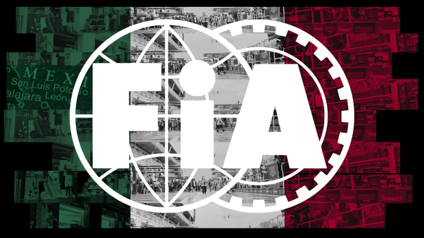 The FIA logo in white with a background of the Mexican flag colours and black and white paddock details