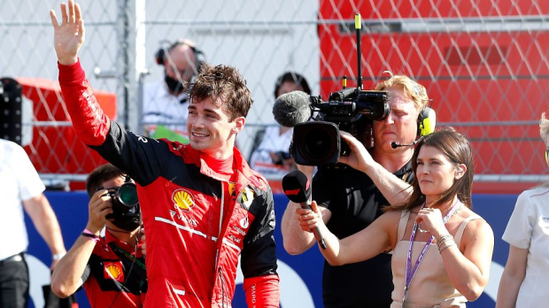 Danica Patrick interviews Ferrari driver Charles Leclerc at the 2022 F1 Miami Grand Prix.