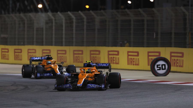 McLaren drivers Lando Norris and Daniel Ricciardo on track in Bahrain 