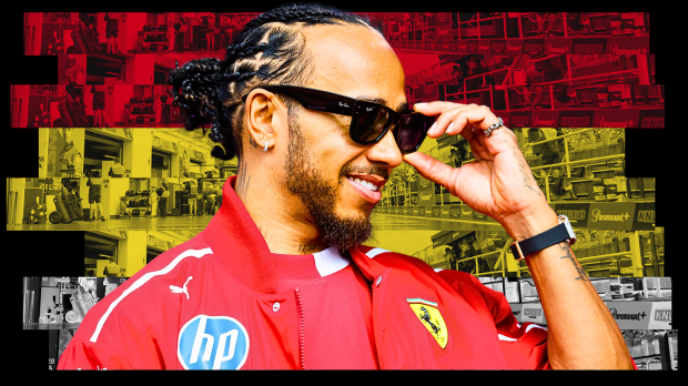 Lewis Hamilton smiling in Ferrari kit with a Belgian-themed background