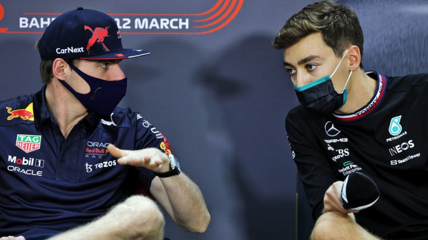 Max Verstappen and George Russell during pressconference