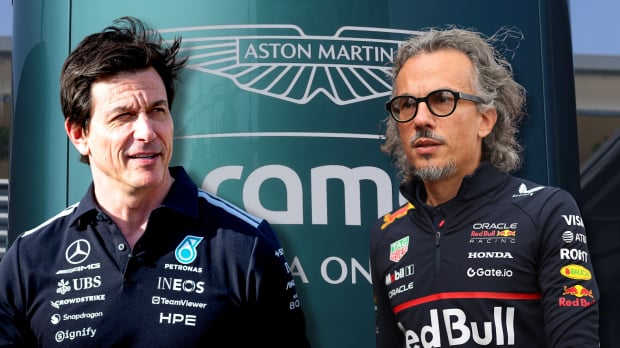 Toto Wolff and Laurent Mekies look at an Aston Martin logo in a composite — Photo: © IMAGO