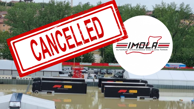 Imola composite image with flooding photo and cancelled banner