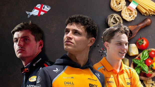 An edit of Max Verstappen, Lando Norris and Oscar Piastri with a background of chef like food and a graphic of a fish with a cross over it