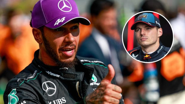 A composite image of Lewis Hamilton and Max Verstappen