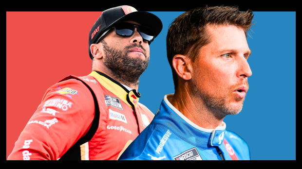 A composite image of 23XI driver Bubba Wallace and owner Denny Hamlin