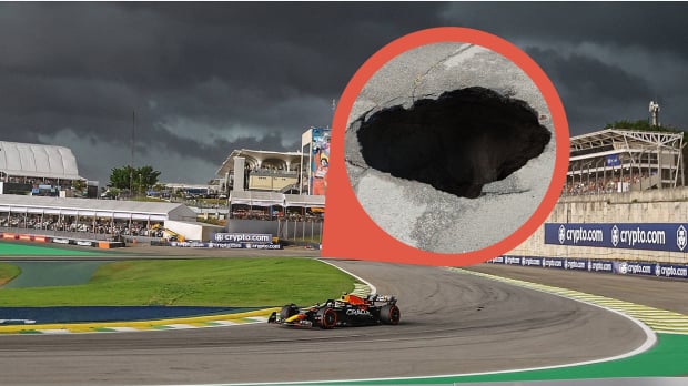 The Brazilian Grand Prix track is shown with a stock image of a sinkhold — Photo: © IMAGO