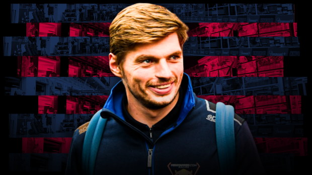 Max Verstappen looking happy edited on a background of Barcelona colours — Foto: © IMAGO