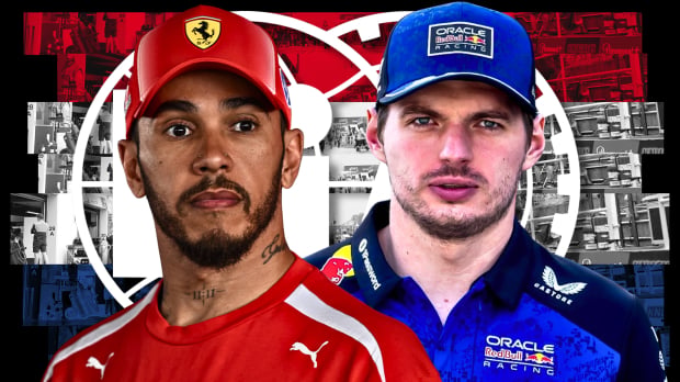 A composite image of F1 stars Lewis Hamilton and Max Verstappen in front of a Dutch flag and the FIA logo — Photo: © IMAGO