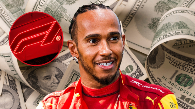 Lewis Hamilton smiles in a Ferrari uniform with a background of bank notes