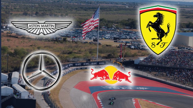 F1 team badges are shown to a background of the US Grand Prix track — Photo: © IMAGO
