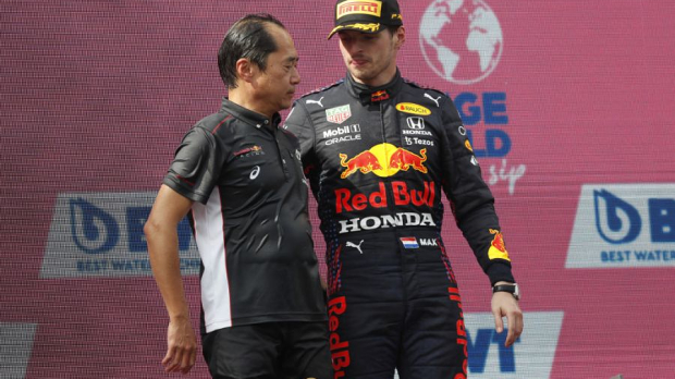 Toyoharu Tanabe and Max Verstappen on the podium
