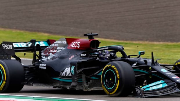 Lewis Hamilton with a damaged front wing at Imola