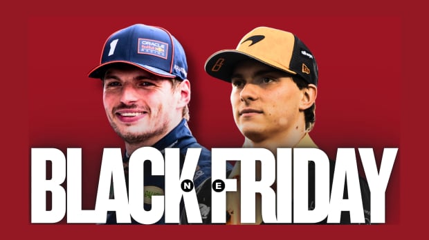 Verstappen and Piastri posing separately with red background and white 'black friday' banner