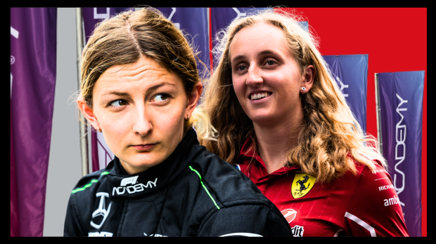 Edited image of Pin looking serious and Weug smiling in front of a background of purple F1 Academy flags