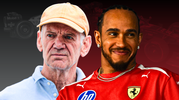 Newey looking annoyed with green Aston Martin background and Hamilton smiling with red Ferrari background