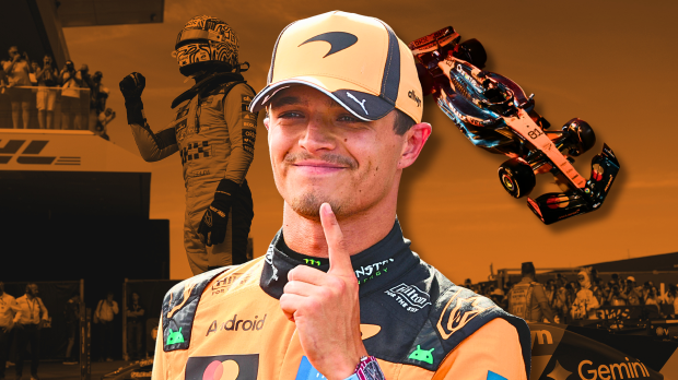 A happy looking Lando Norris is shown with a McLaren car in the background — Photo: © IMAGO