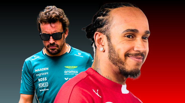 An edited image of a grumpy Alonso and a smiling Hamilton with a green and red ombre background