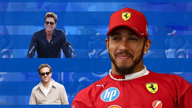 Lewis Hamilton looks over at Tom Brady and Ryan Reynolds in a graphic composite