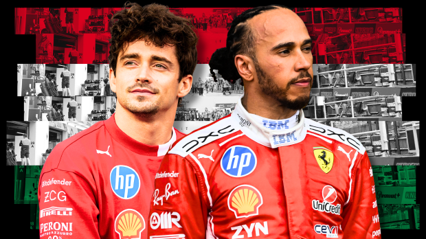 Leclerc smiling next to Hamilton with a straight face in front of red, white and green Hungarian-flag themed background — Photo: © IMAGO
