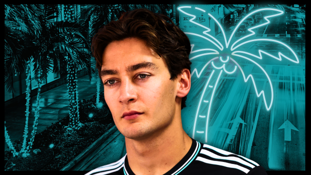 George Russell looking sad edited on a backdrop of a neon blue Miami palm tree — Photo: © IMAGO