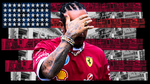 Lewis Hamilton shielding his eyes and looking sad, edited on a background of the US flag