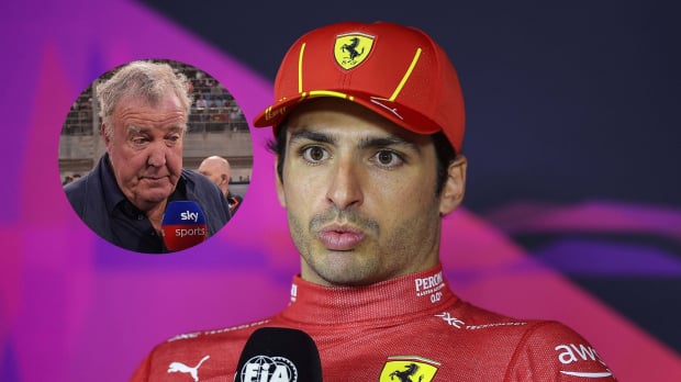Carlos Sainz looks stunned as Jeremy Clarkson speaks in an interview with Sky Sports