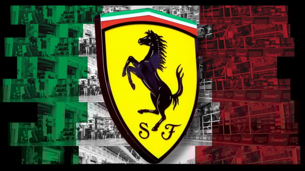 Italian flag-themed paddock background with the Ferrari logo in front