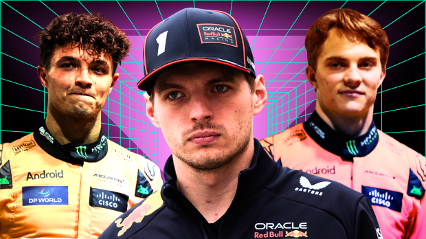 F1 title contenders Max Verstappen, Lando Norris and Oscar Piastri edited onto a vibrant geometric background