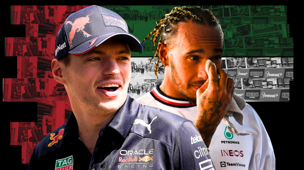 Max Verstappen and Lewis Hamilton look on in a composite with an Abu Dhabi flag behind them