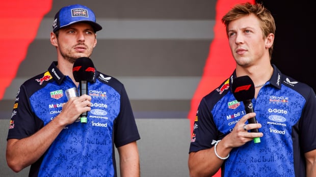 An image of F1 stars Max Verstappen and Liam Lawson during a media appearance in 2026 — Photo: © IMAGO