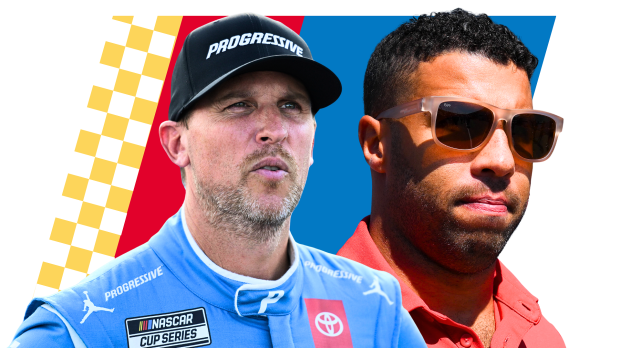 A composite image of 23XI driver Bubba Wallace and owner Denny Hamlin
