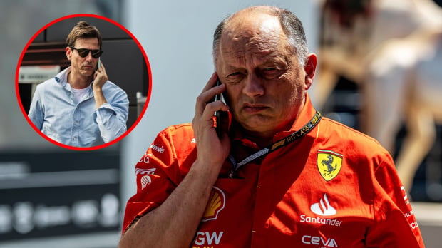 Vasseur in red Ferrari shirt looking annoyed holding phone to his ear with circular inset image of Wolff looking serious on the phone — Photo: © IMAGO