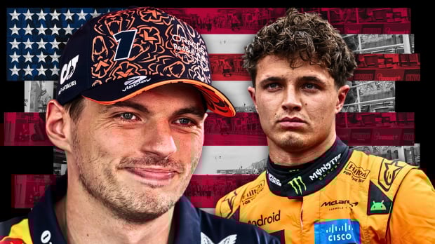 A composite image of Max Verstappen and Lando Norris with the US flag in the background