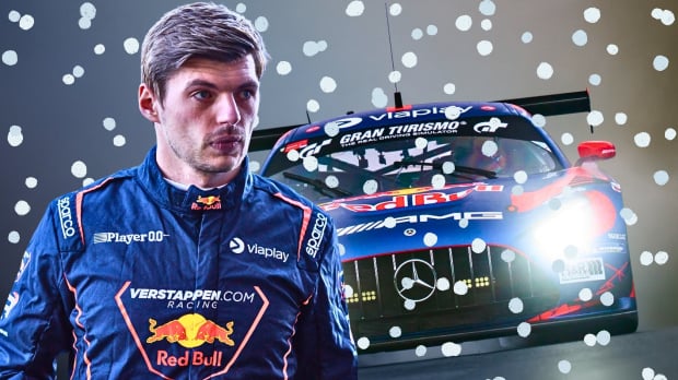 Max Verstappen is pictured next to his Mercedes car with snowflakes edited in — Photo: © IMAGO