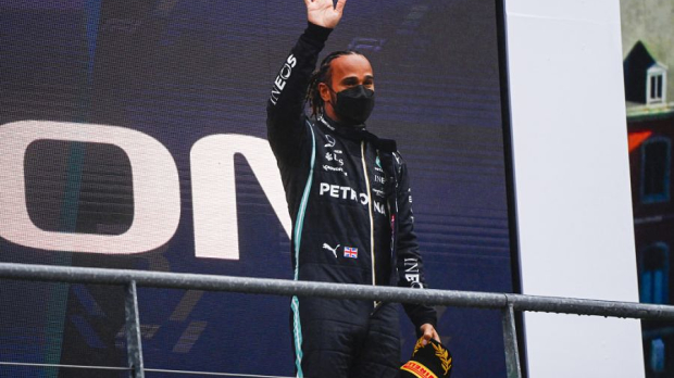 Lewis Hamilton on the podium at Spa