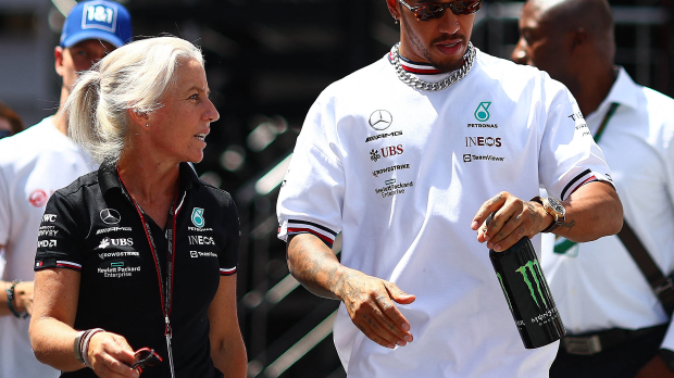 Lewis Hamilton and Angela Cullen talking at the 2022 Spanish Grand Prix