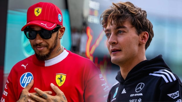 A blended image of Hamilton looking grateful in Ferrari kit and Russell looking surprised in a Mercedes hoodie