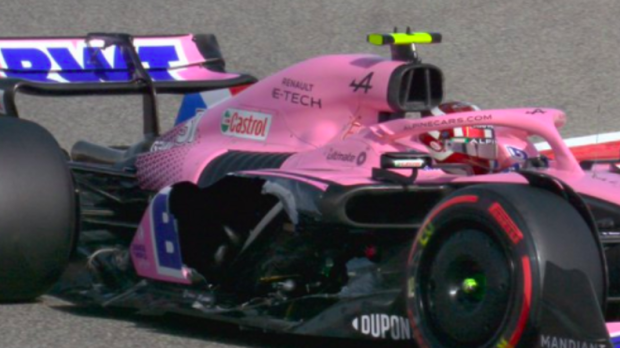 Esteban Ocon's Alpine with destroyed sidepod in Bahrain practice