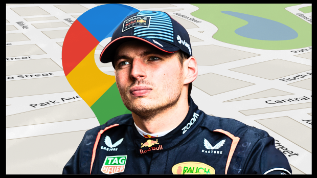 Max Verstappen in front of a Google Maps logo