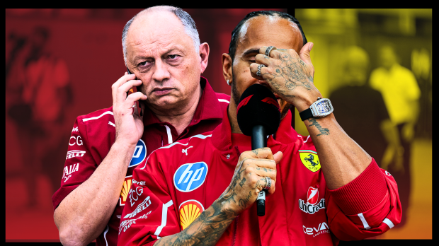 Angry Vasseur on the phone edited behind Hamilton covering his face with his hand in Ferrari F1 kit