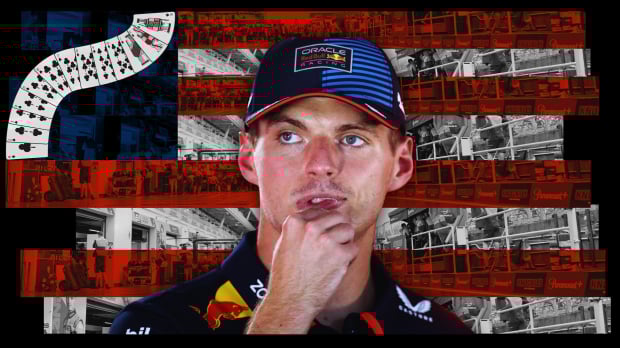 Verstappen looking quizzical in Red Bull tee and hat edited in front of a Vegas-themed F1 paddock background