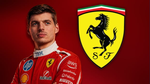 Max Verstappen is cropped in Ferrari teamwear next to a Ferrari logo — Photo: © IMAGO