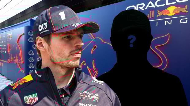 Verstappen looking on at a mystery driver shadow a question mark over his body in front of the Red Bull motorhome